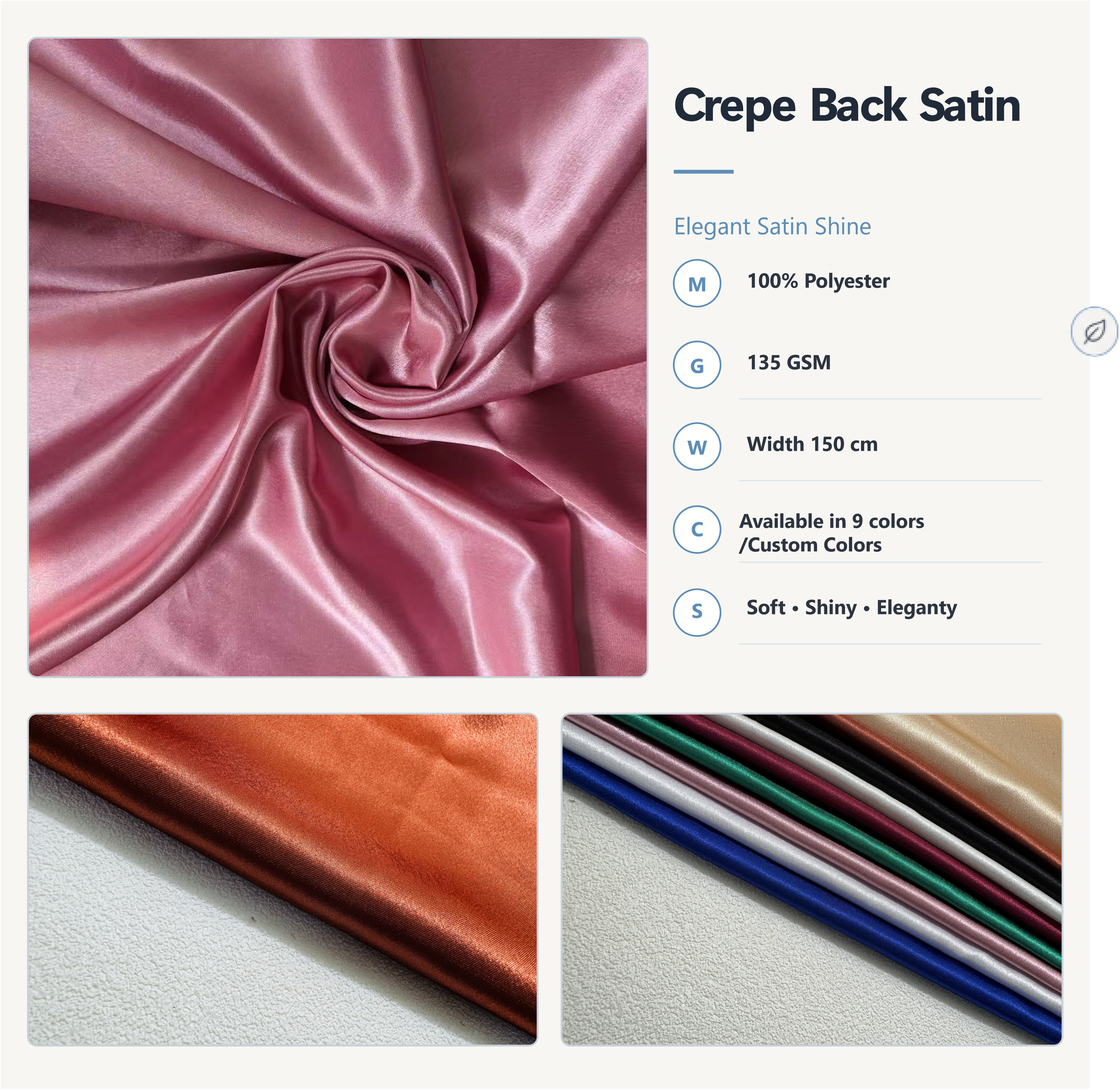 Crepe Back Satin Fabric | 135 GSM | Soft drape, elegant finish